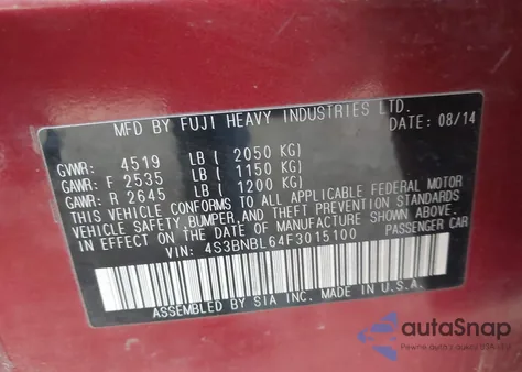 2015 Subaru Legacy 2.5I Limited from USA, damaged, VIN 4S3BNBL64F3015100